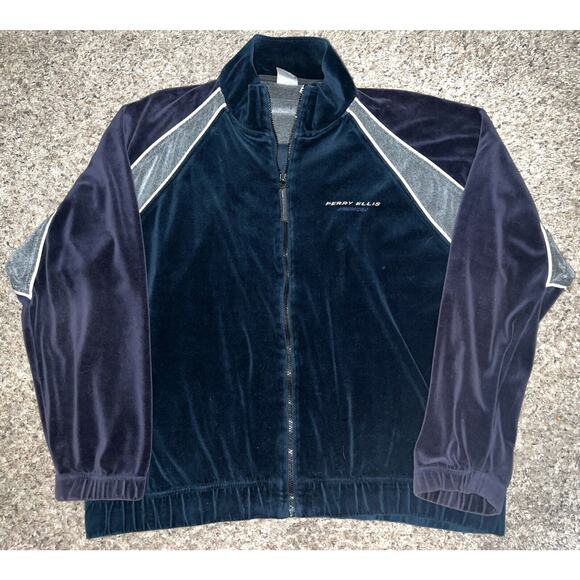 Vintage Perry‎ Ellis Sweatshirt Mens XL Velour Plush Full Zip Track Jacket - Picture 1 of 5
